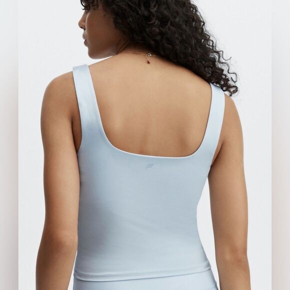 Fabletics Iridescent Powder Blue Silver Lydia Shine Built In Bra Cropped Tank - Picture 3 of 8
